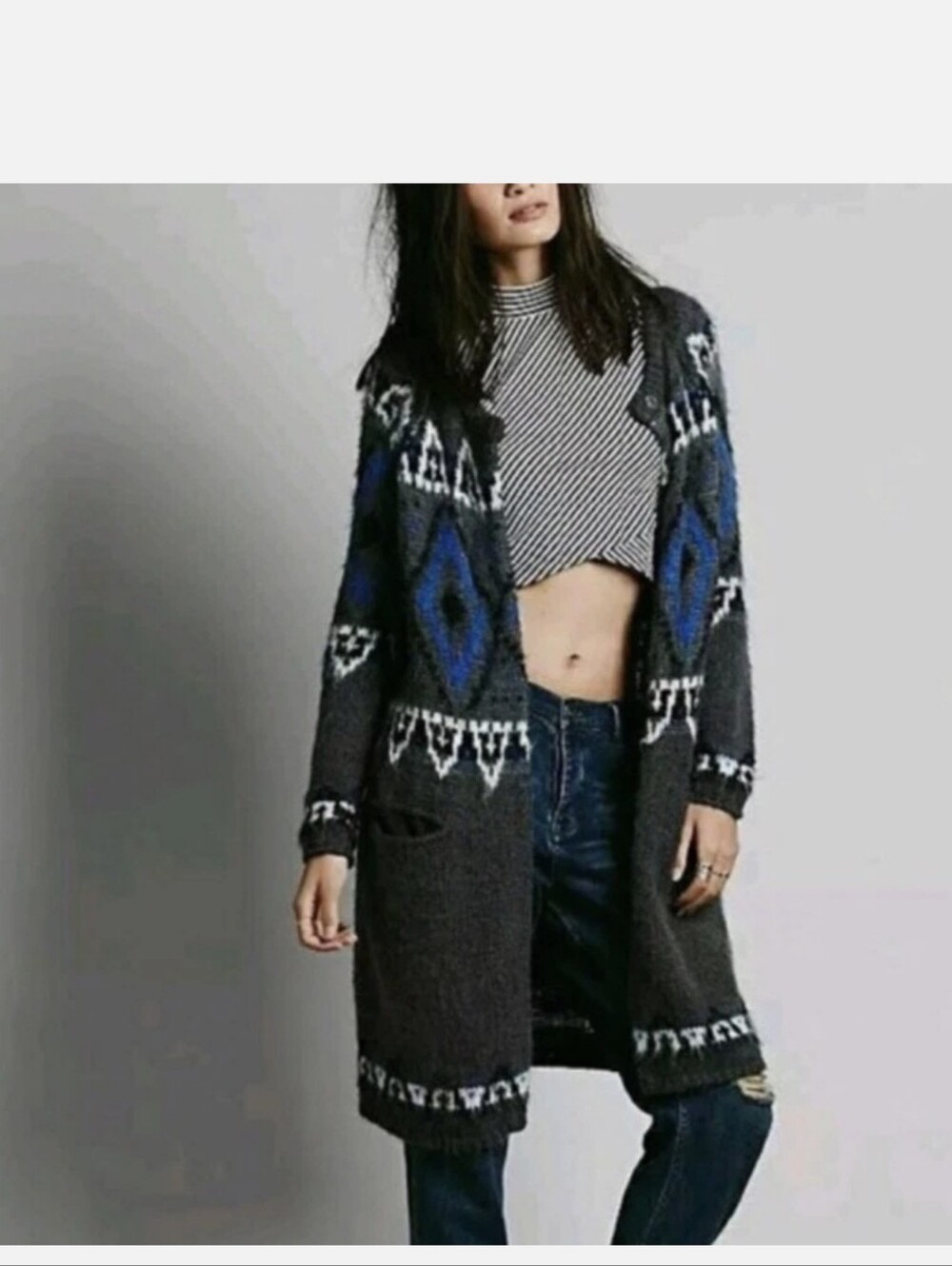 FREE PEOPLE Frosted Fair Isle Grey Cardigan - Size Medium - Picture 1 of 11